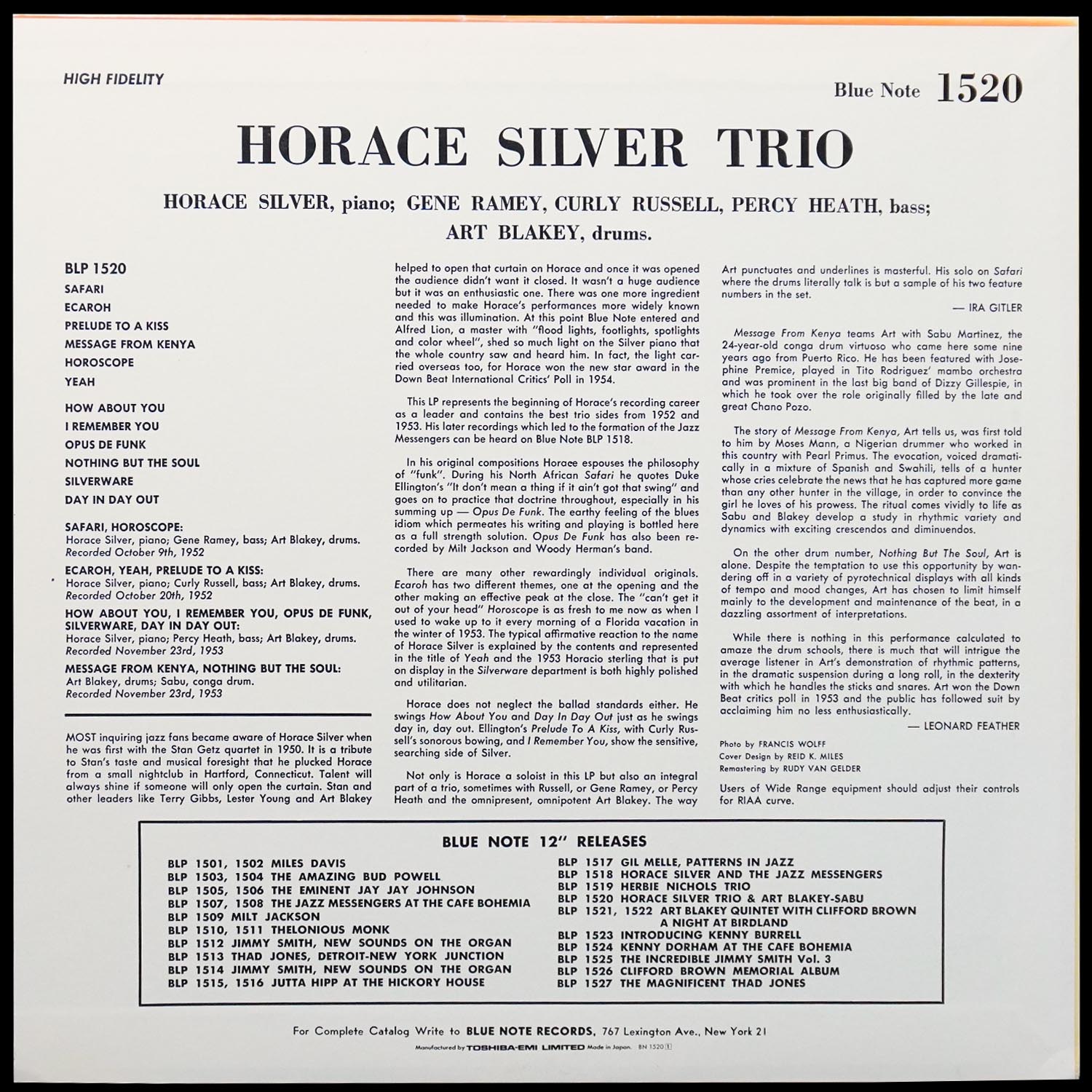 LP Horace Silver — Horace Silver Trio (моно) фото 2