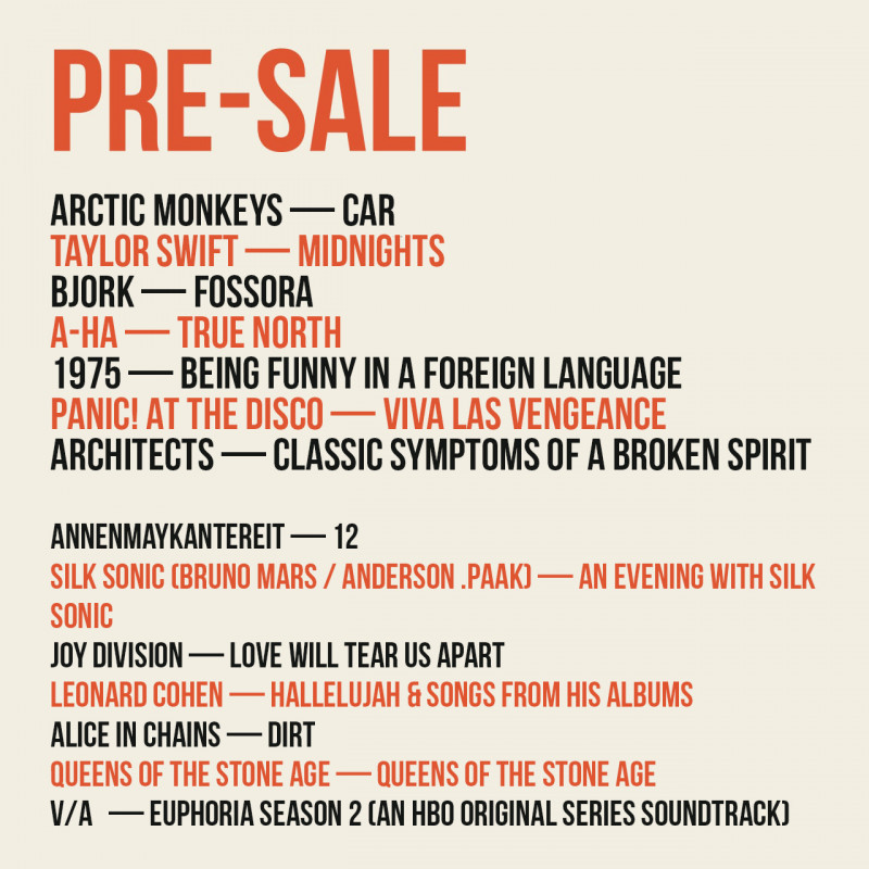 PRE-SALE: Arctic Monkeys, Taylor Swift, Bjork