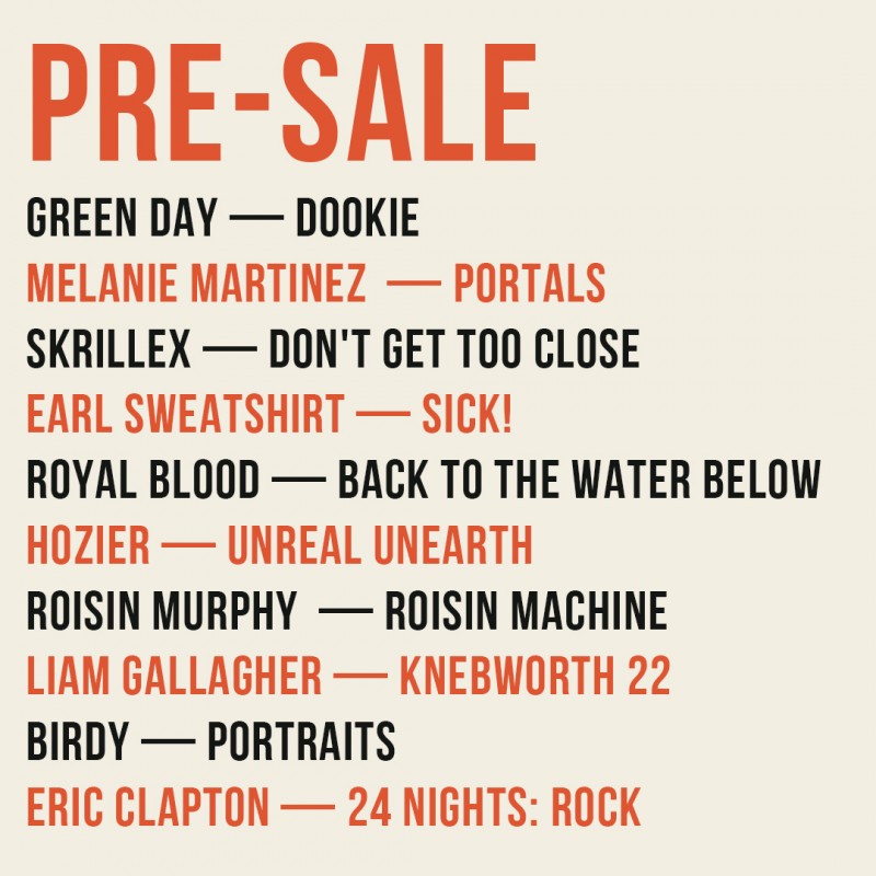 PRE-SALE: Green Day, Hozier, Skrillex, Liam Gallagher, Birdy