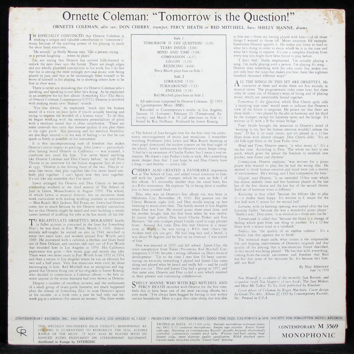 LP Ornette Coleman — Tomorrow Is The Question! (моно) фото 2