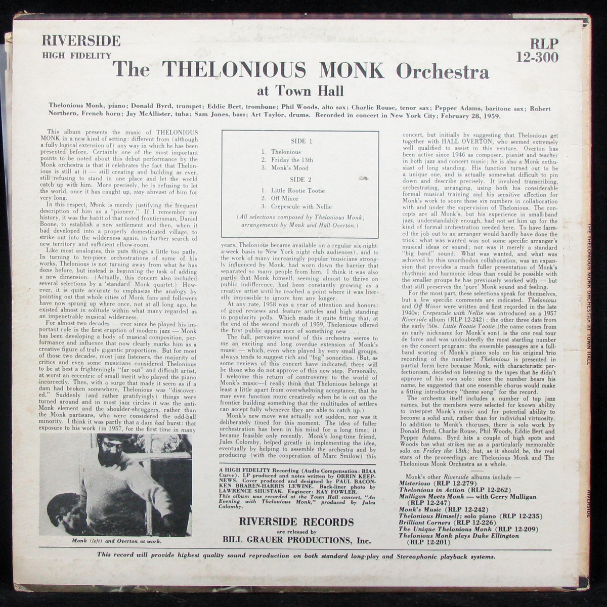 LP Thelonious Monk Orchestra — At Town Hall (моно) фото 2