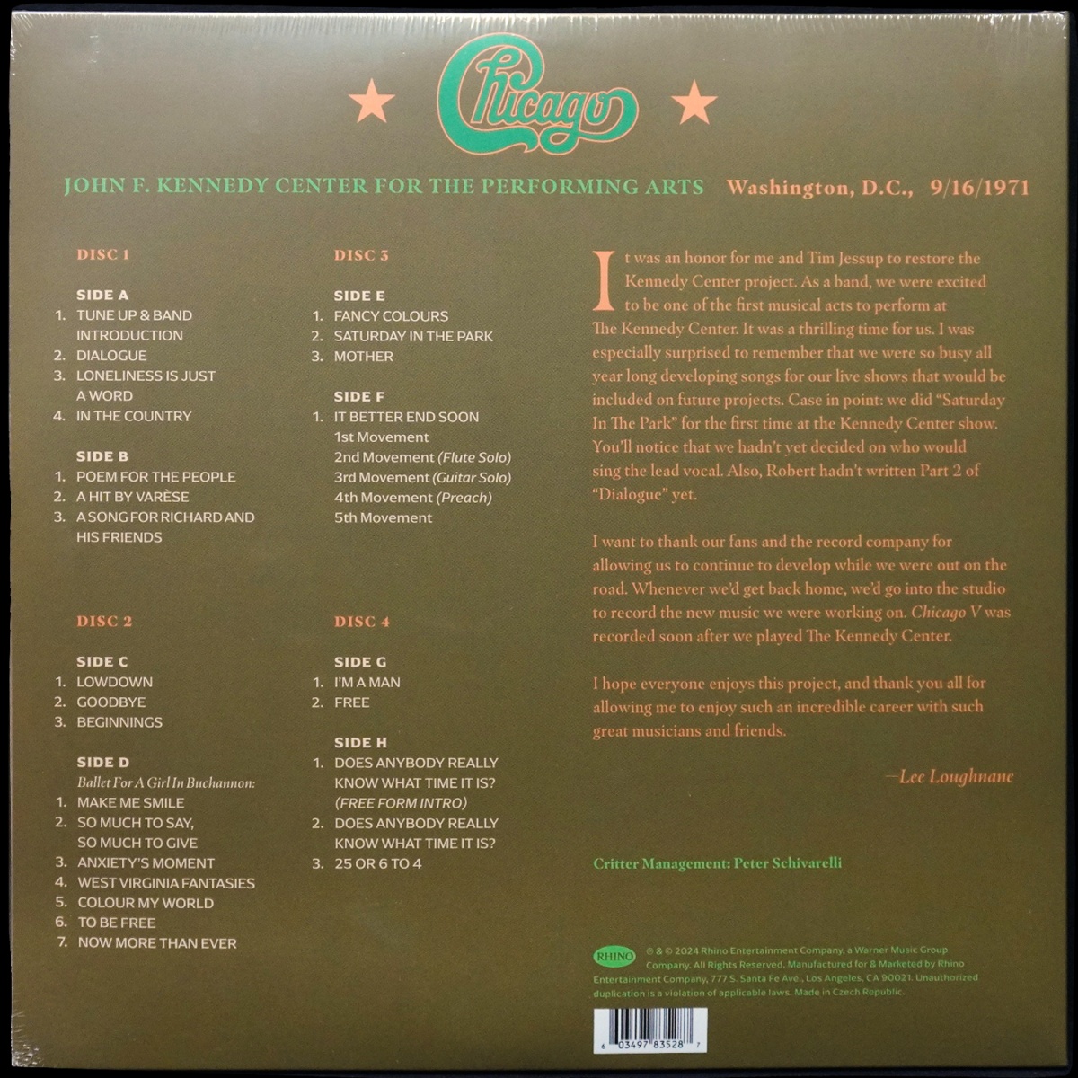 LP Chicago — Chicago At The John F. Kennedy Center For The Performing Arts, Washington D.C. (9/16/1971) (4LP,  + книга) фото 2