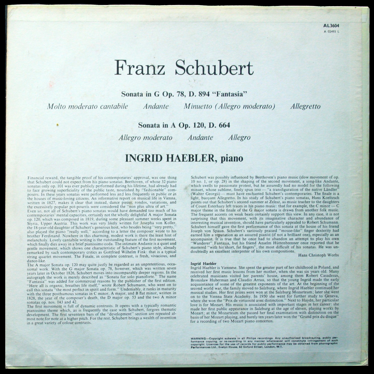 LP Ingrid Haebler — Franz Schubert: Sonate G-dur Op. 78 'Fantasia'/Sonate A-dur Op. 120 (моно) фото 2