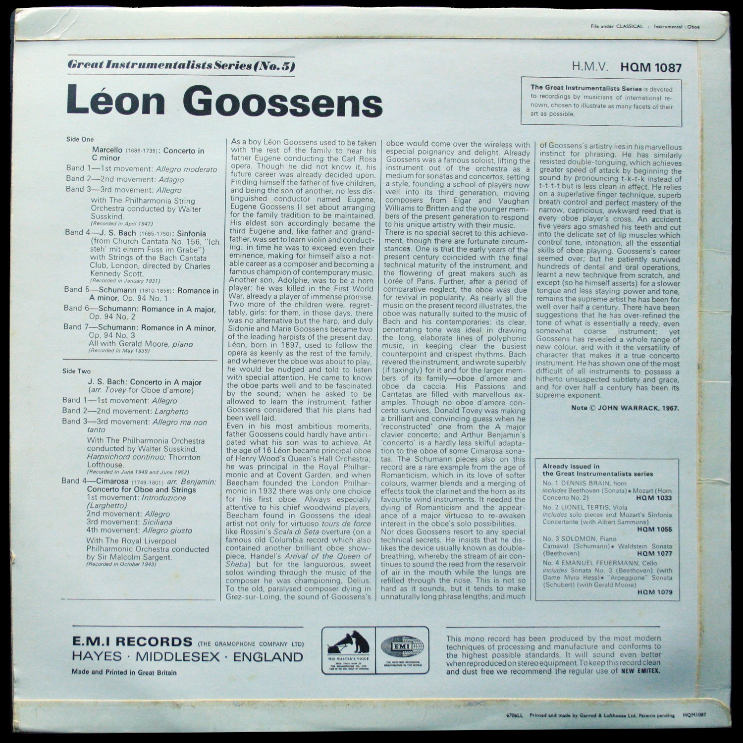 LP Leon Goossens — Bach: Oboe Concertos фото 2