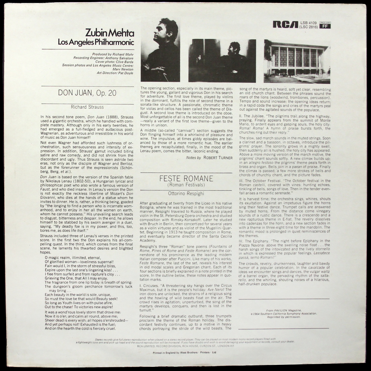 LP Zubin Mehta — Feste Romane (Roman Festivals). Don Juan. фото 2