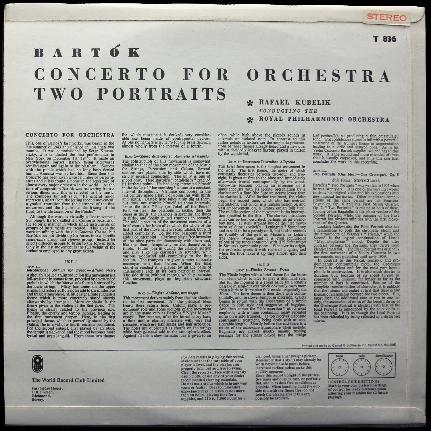 LP Rafael Kubelik — Bartok: Concerto For Orchestra - Two Portraits фото 2