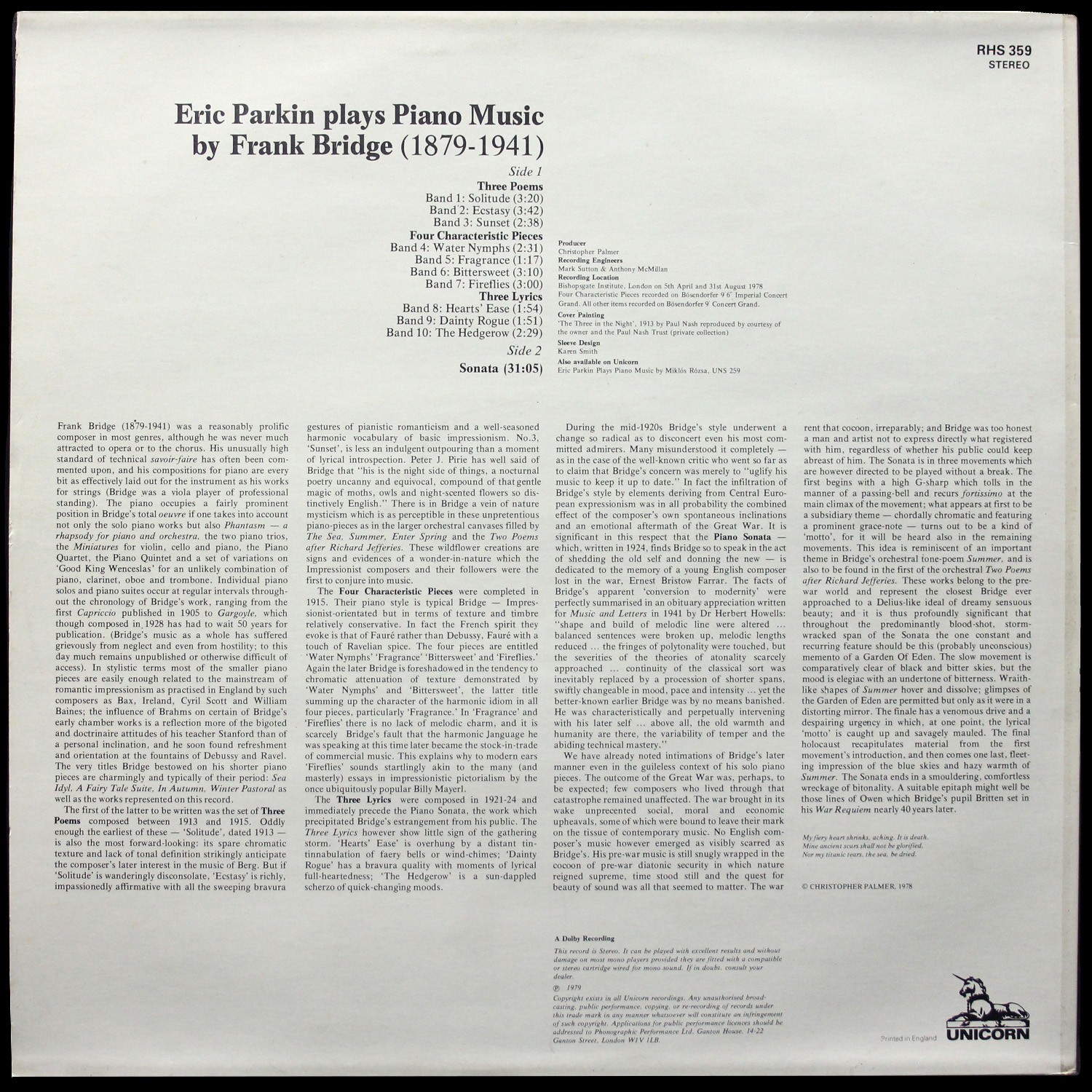 LP Eric Parkin — Frank Bridge: Three Poems / Four Characteristic Pieces / Three Lyrics / Sonata фото 2