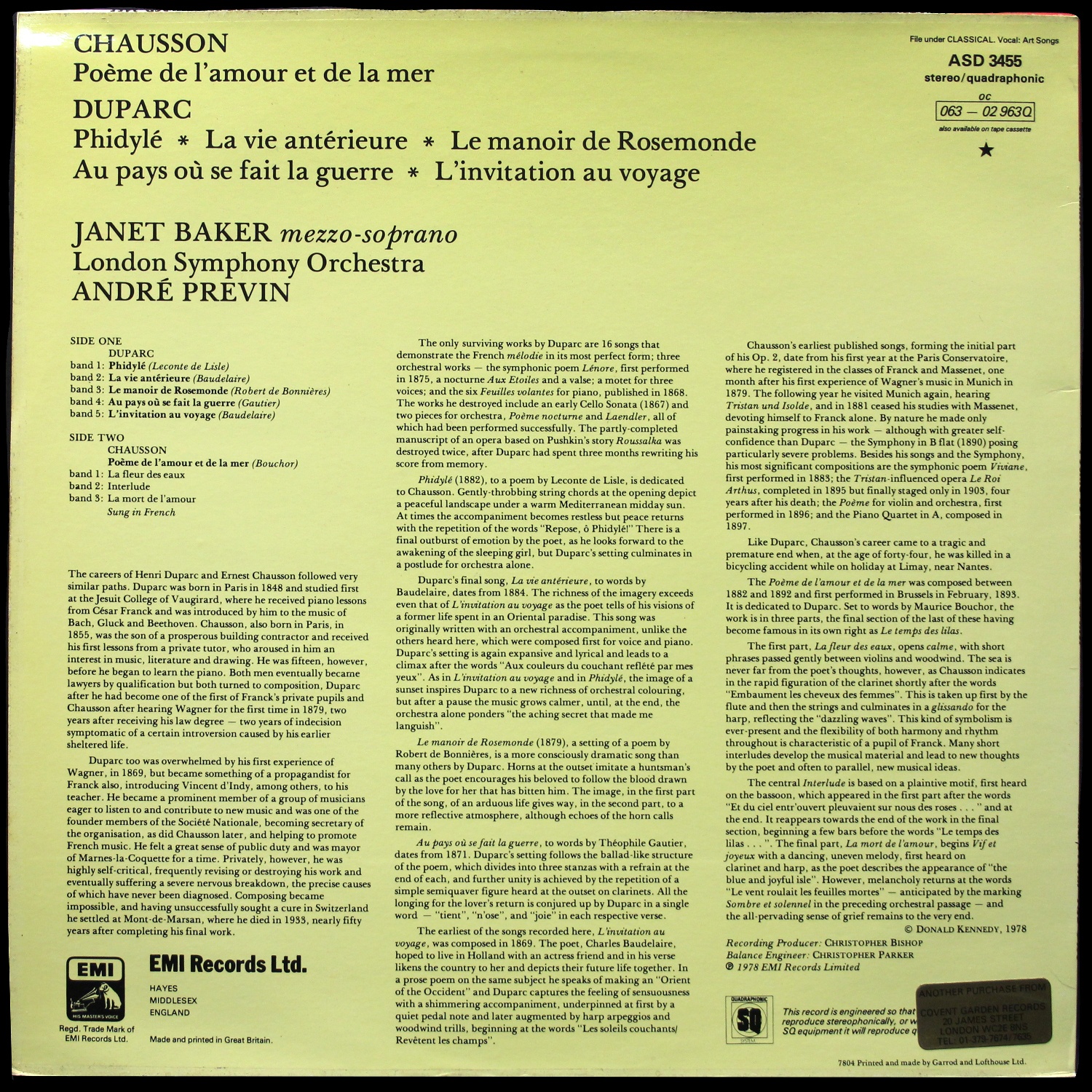 LP Janet Baker — Phidyle / Poeme De L'amour Et De La Mer (+ буклет) фото 3