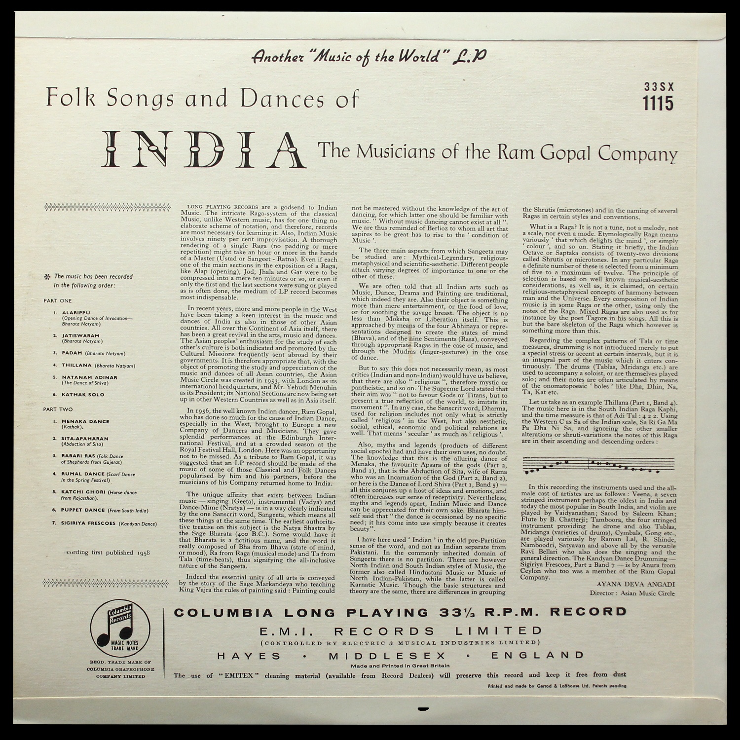 LP Musicians Of The Ram Gopal Company — Folk Songs And Dances Of India фото 2