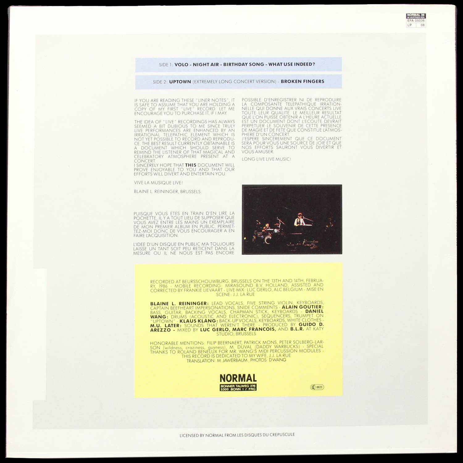 LP Blaine L. Reininger — Live In Brussels 02/1986 фото 3