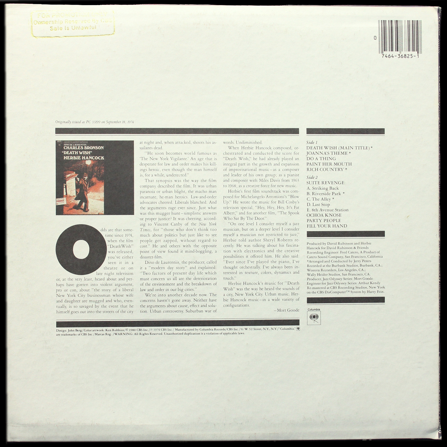 LP Herbie Hancock — Death Wish (Original Soundtrack) фото 2