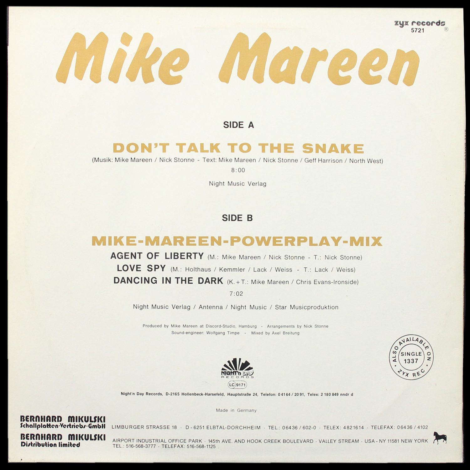 LP Mike Mareen — Don't Talk To The Snake (макси сингл) фото 2