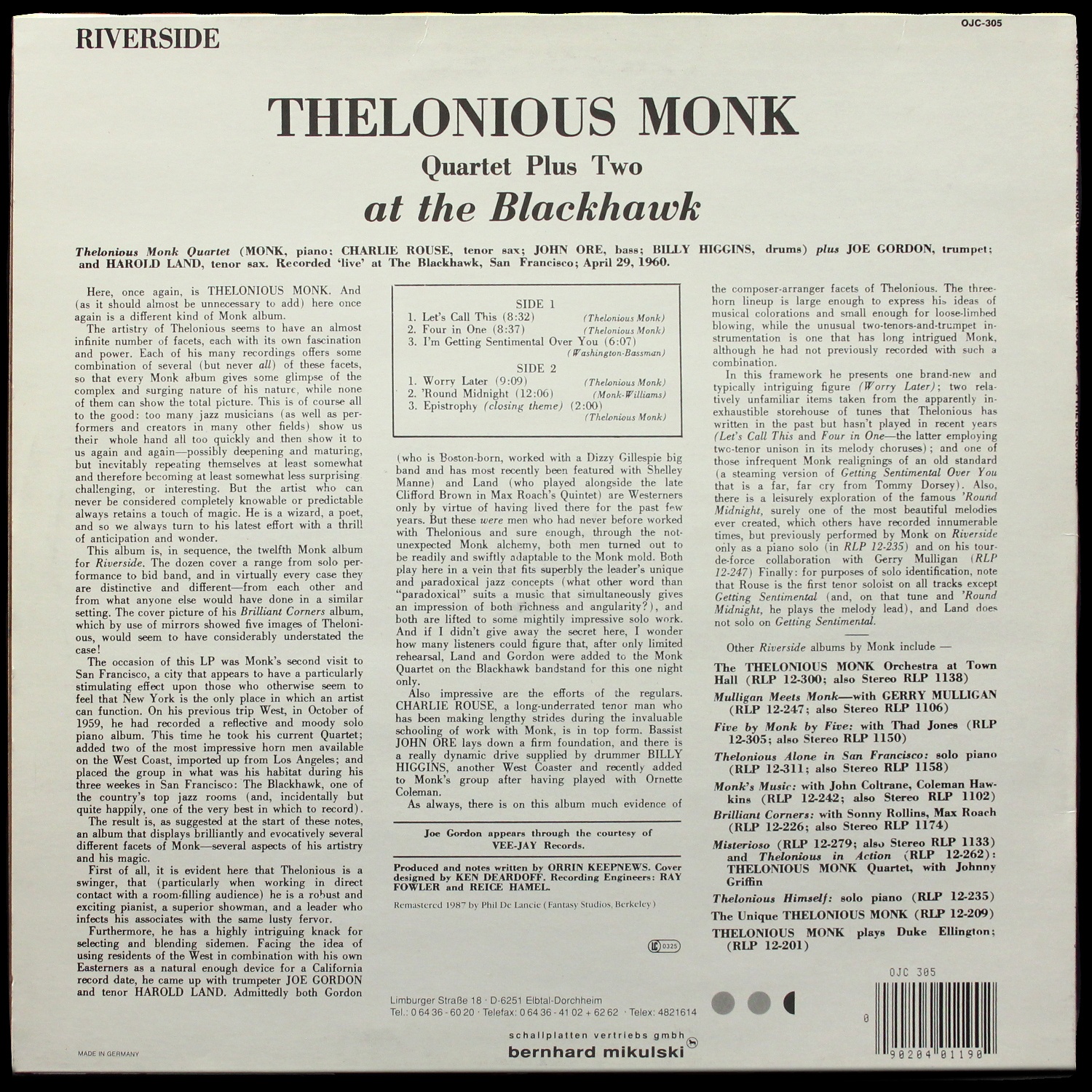 LP Thelonious Monk — At The Blackhawk фото 2