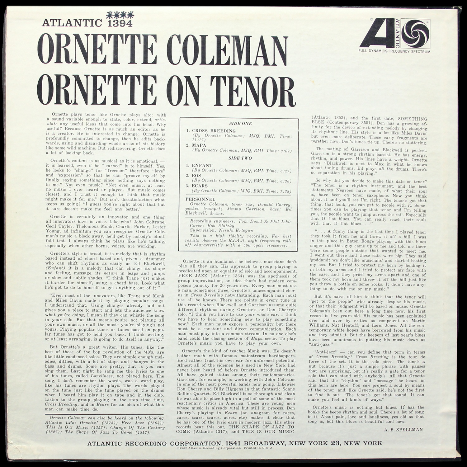 LP Ornette Coleman — Ornette On Tenor (моно) фото 2