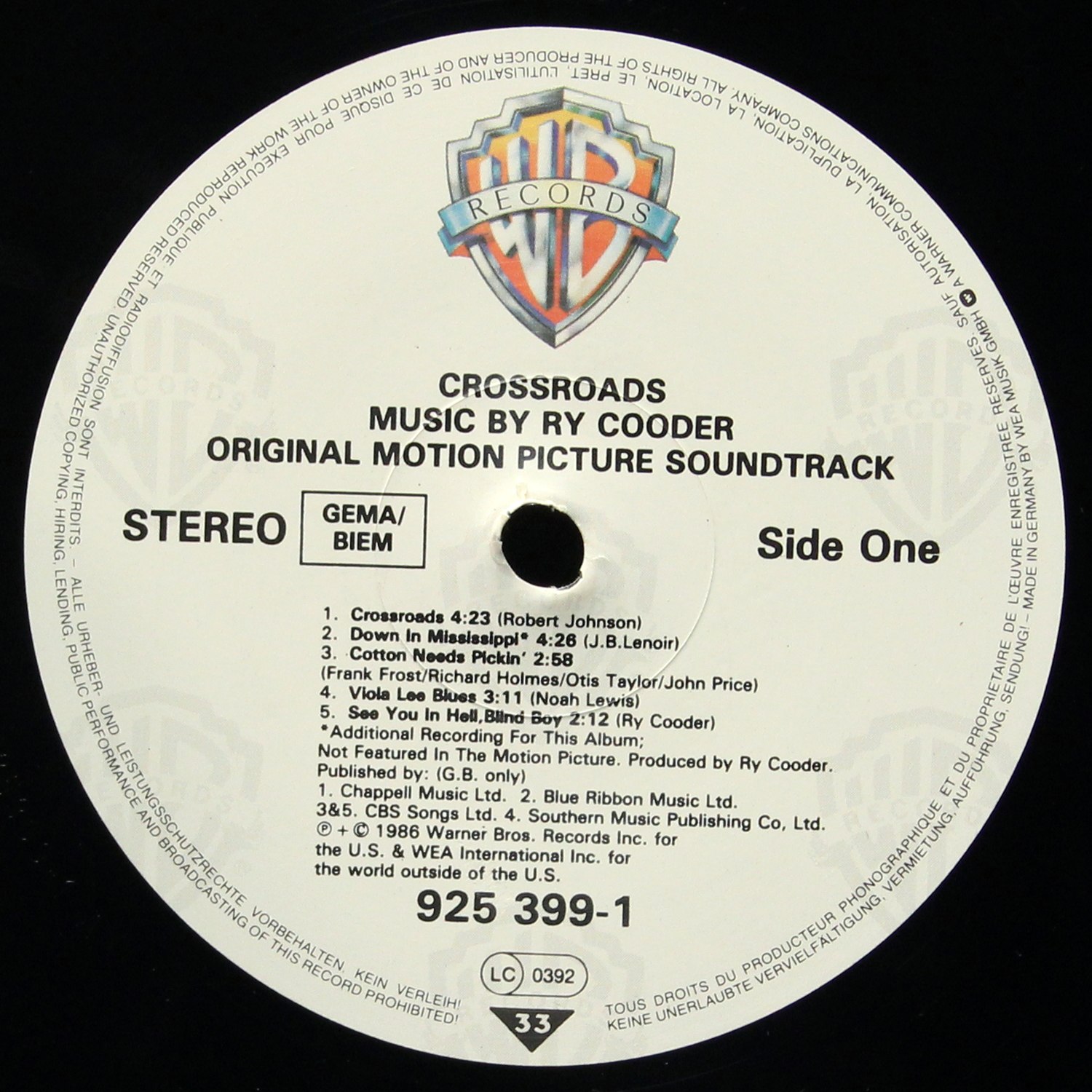 LP Ry Cooder — Crossroads - Original Motion Picture Soundtrack фото 2