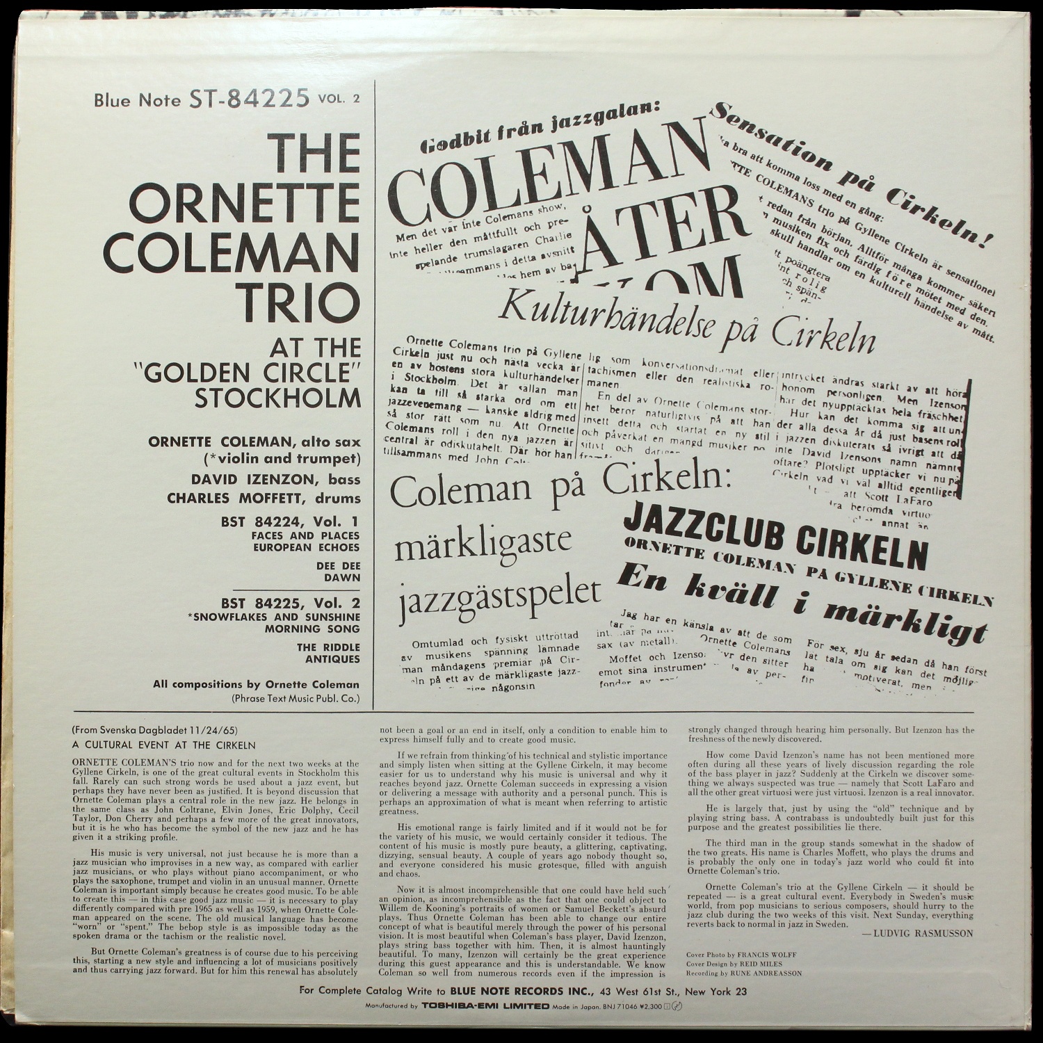 LP Ornette Coleman Trio — At The 'Golden Circle' Stockholm (Volume Two) фото 2