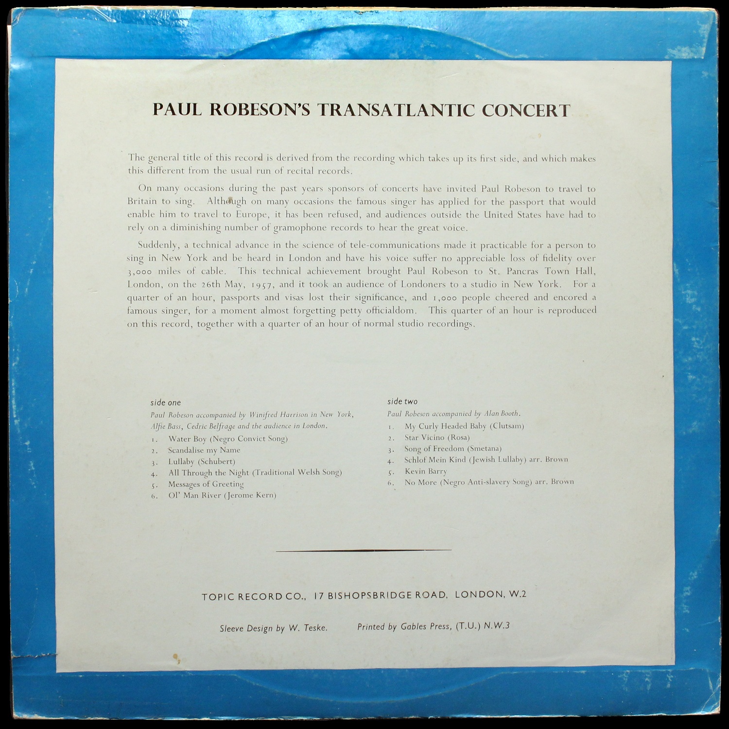 LP Paul Robeson — Paul Robeson's Transatlantic Concert (моно) фото 2