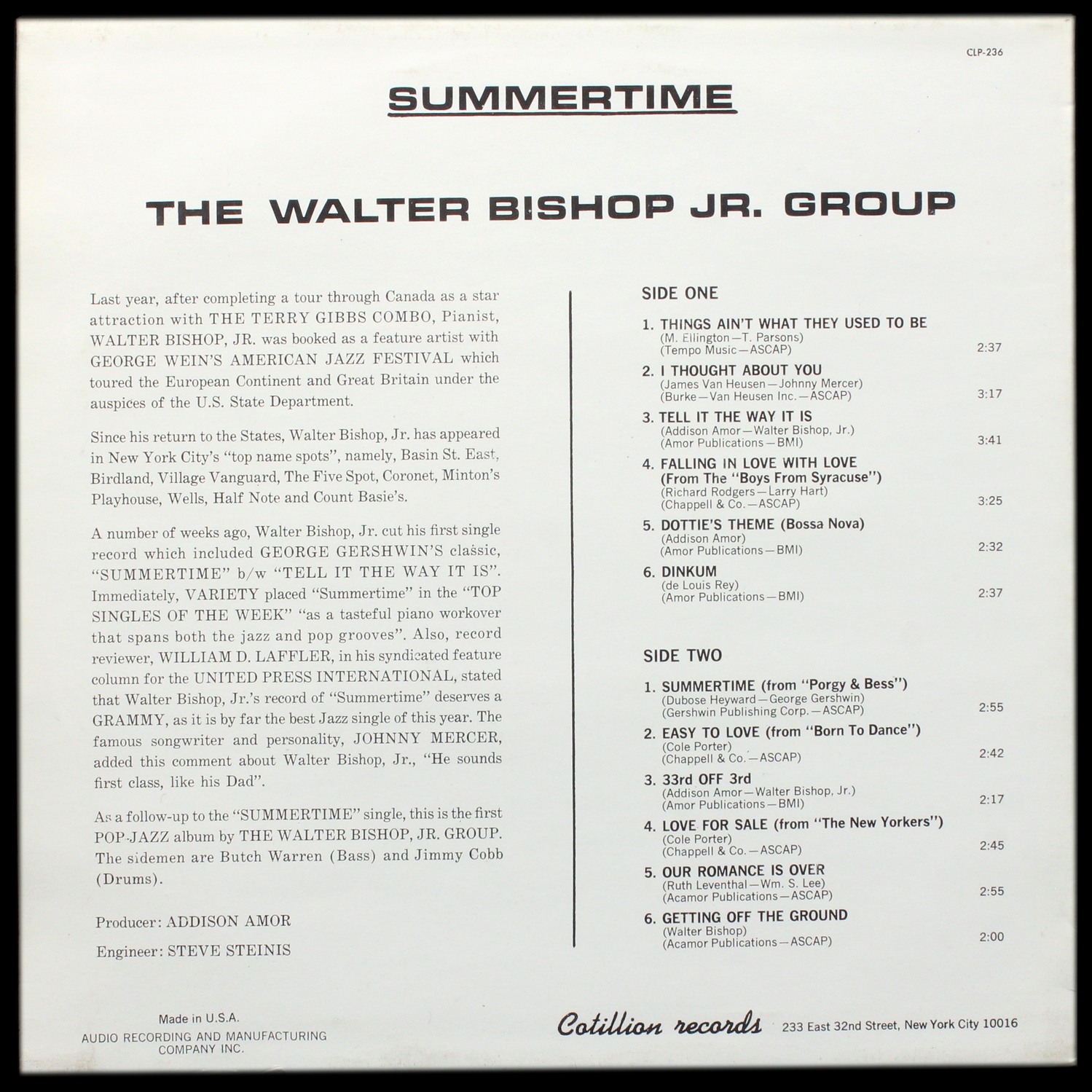 LP Walter Bishop Jr. Group — Summertime (моно) фото 2