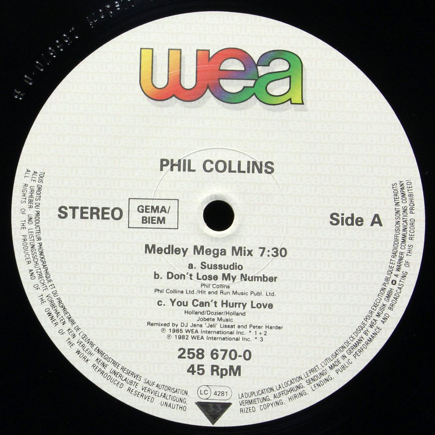 LP Phil Collins — (Sussudio / Don't Lose My Number / You Can't Hurry Love) / Take Me Home (Extended Version) (макси сингл, EP (мини-альбом)) фото 2