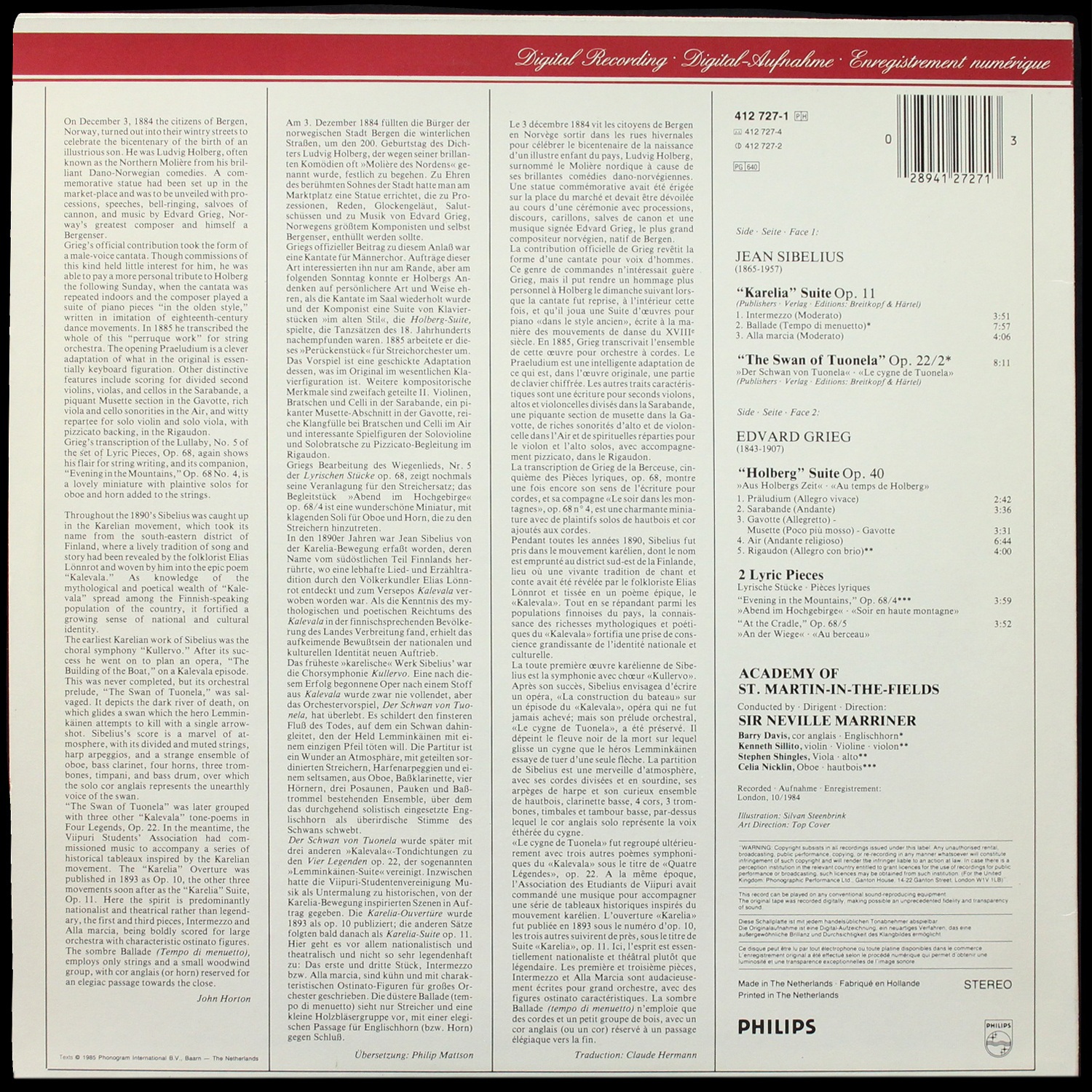 LP Sir Neville Marriner — Grieg / Sibelius: Holberg Suite - Karelia Suite фото 2