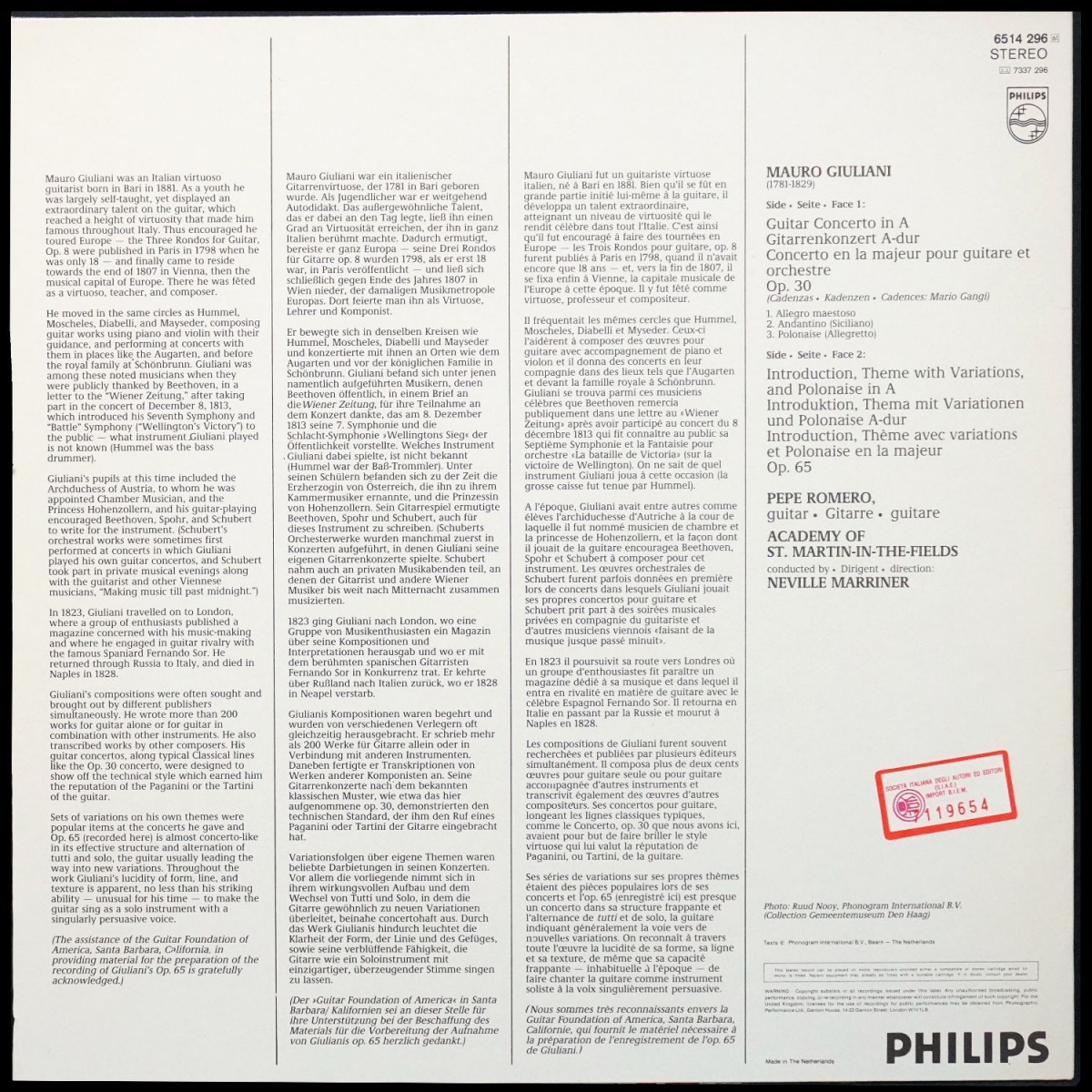 LP Sir Neville Marriner — Giuliani: Guitar Concerto In A, Introduction Variations & Polonaise фото 2