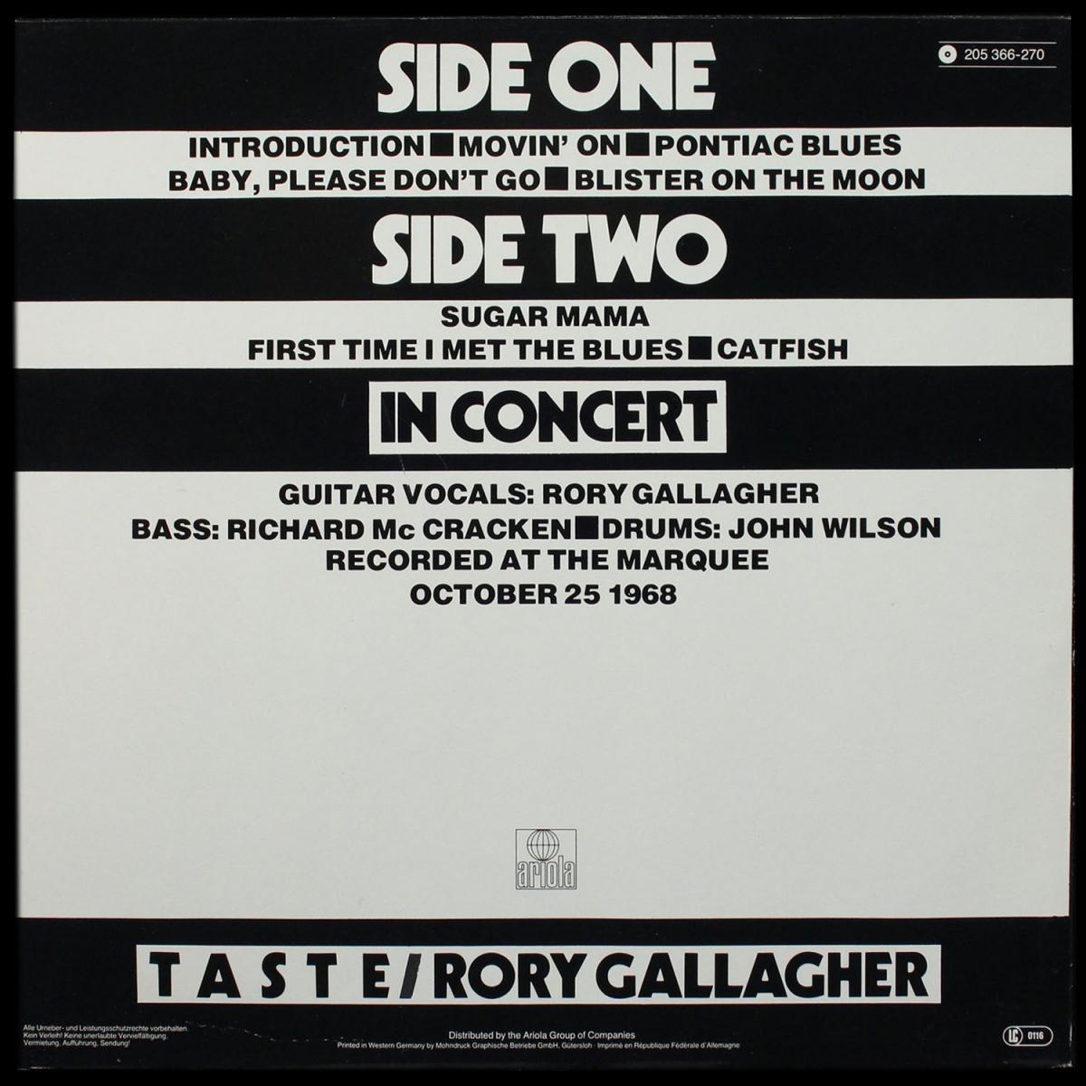 LP Rory Gallagher / Taste — In Concert фото 2