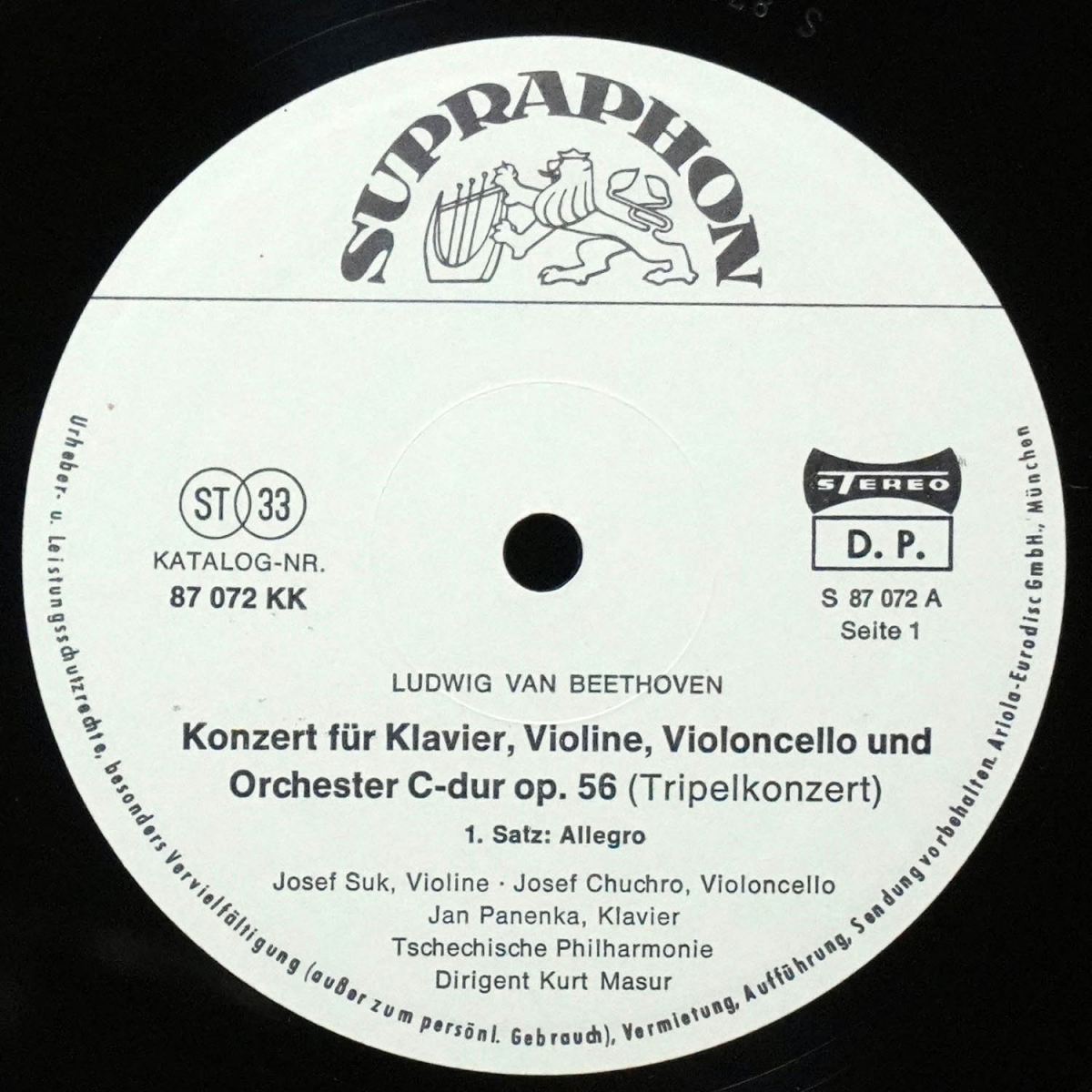 LP Kurt Masur — Beethoven: Tripelkonzert C-dur Op. 56 Für Klavier Violine Violoncello Und Orchester фото 2