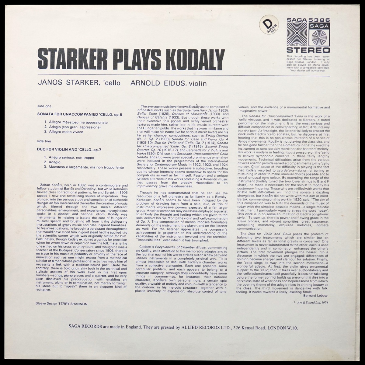 LP Janos Starker — Kodaly: Sonata For Unaccompanied 'Cello, Op. 8 / Duo For Violin And 'Cello, Op. 7 фото 2