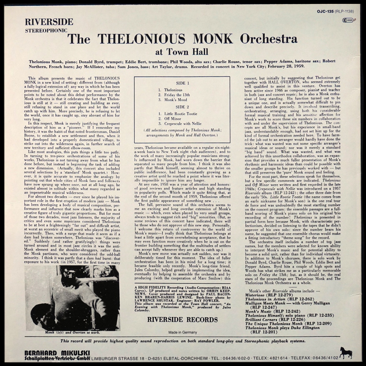 LP Thelonious Monk Orchestra — At Town Hall фото 3