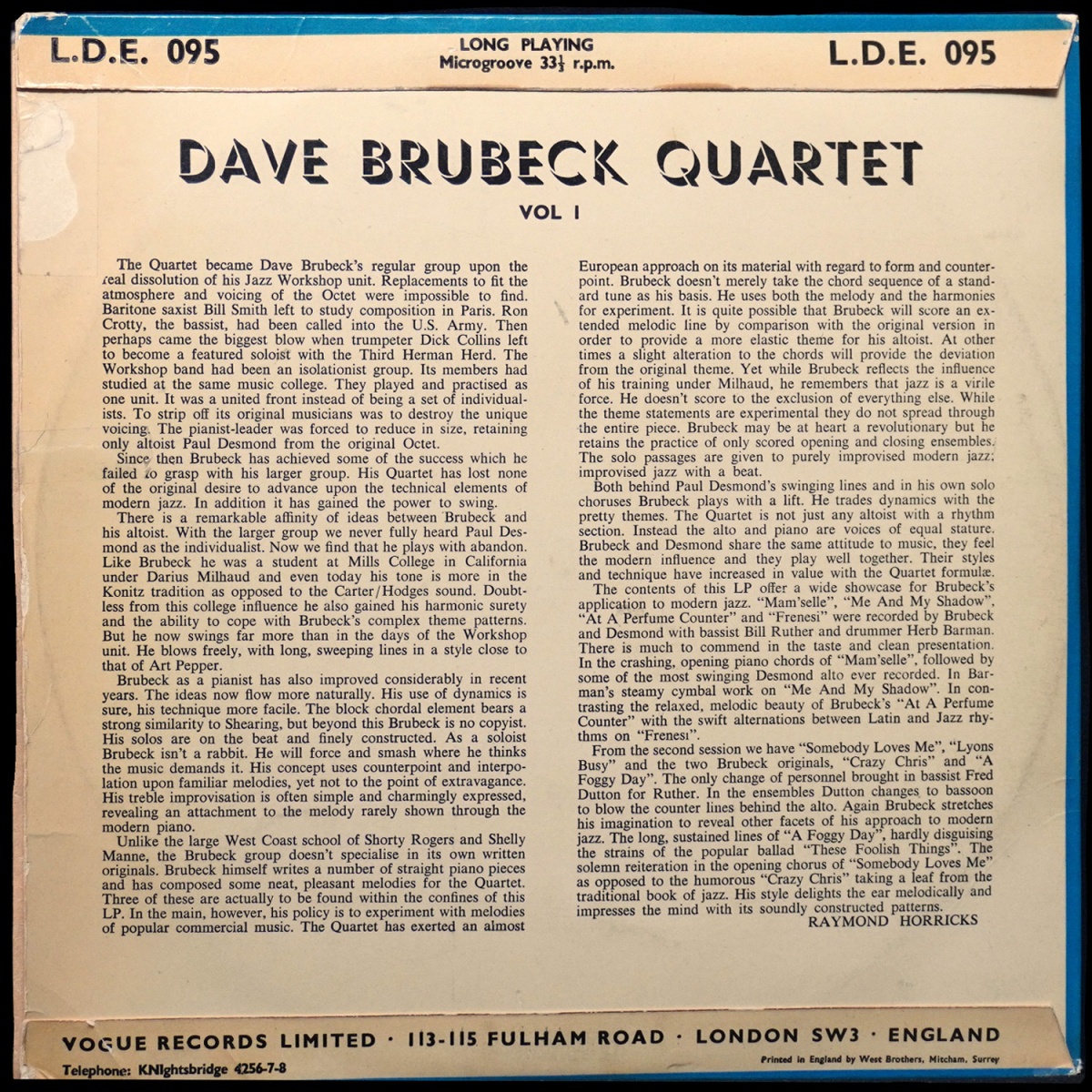 LP Dave Brubeck Quartet — Dave Brubeck Quartet Vol 1 (моно) фото 2