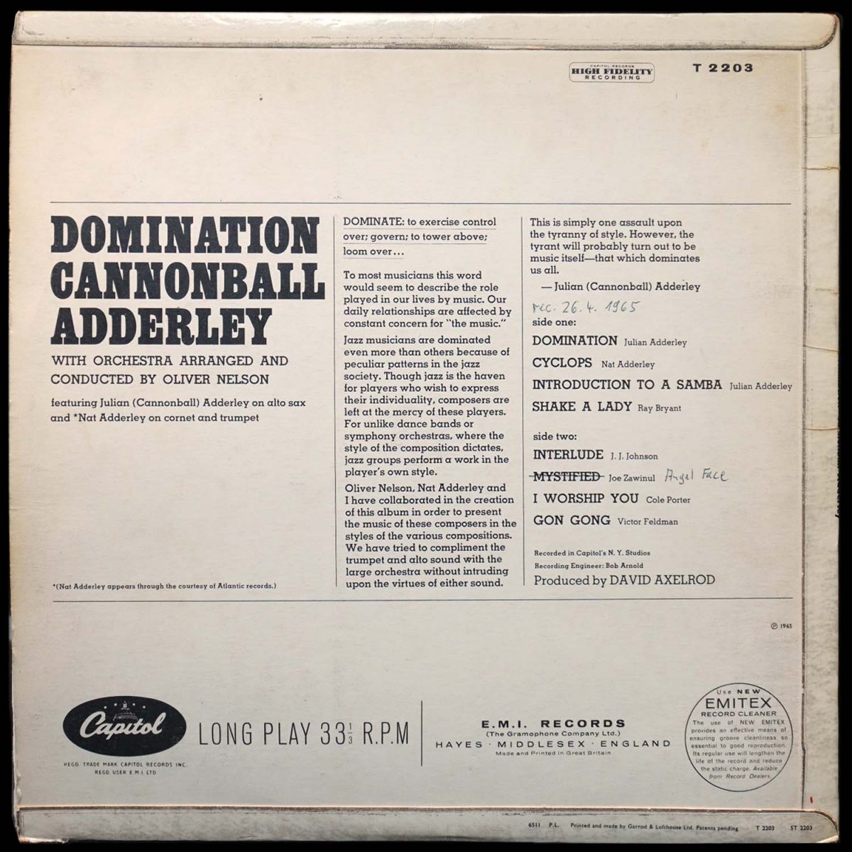 LP Cannonball Adderley — Domination (моно) фото 2