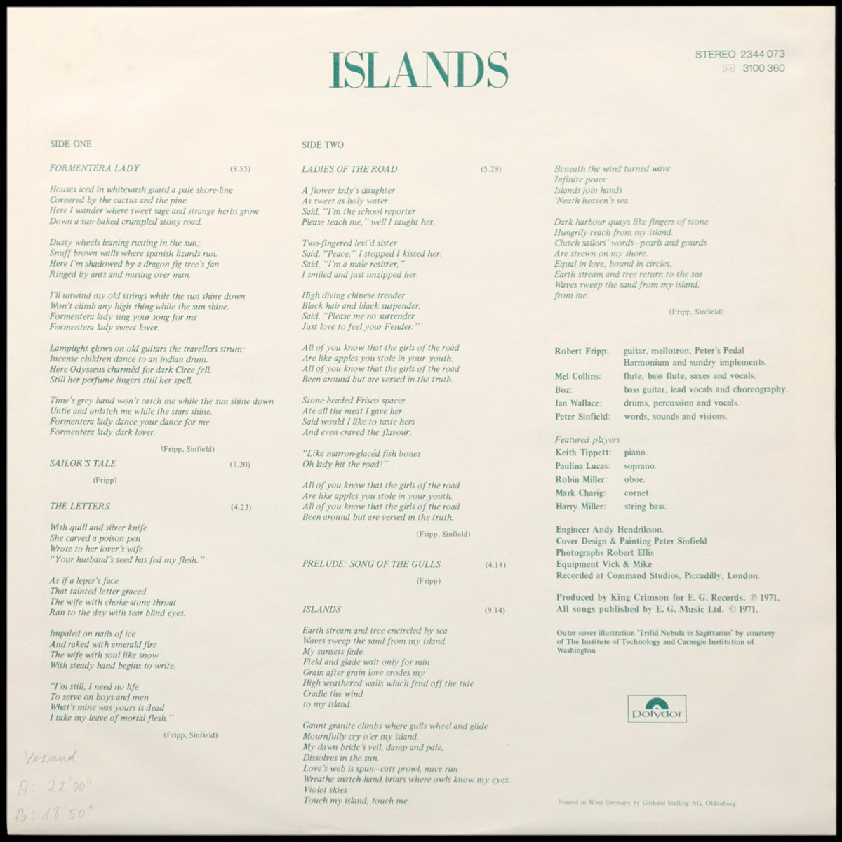 LP King Crimson — Islands фото 2