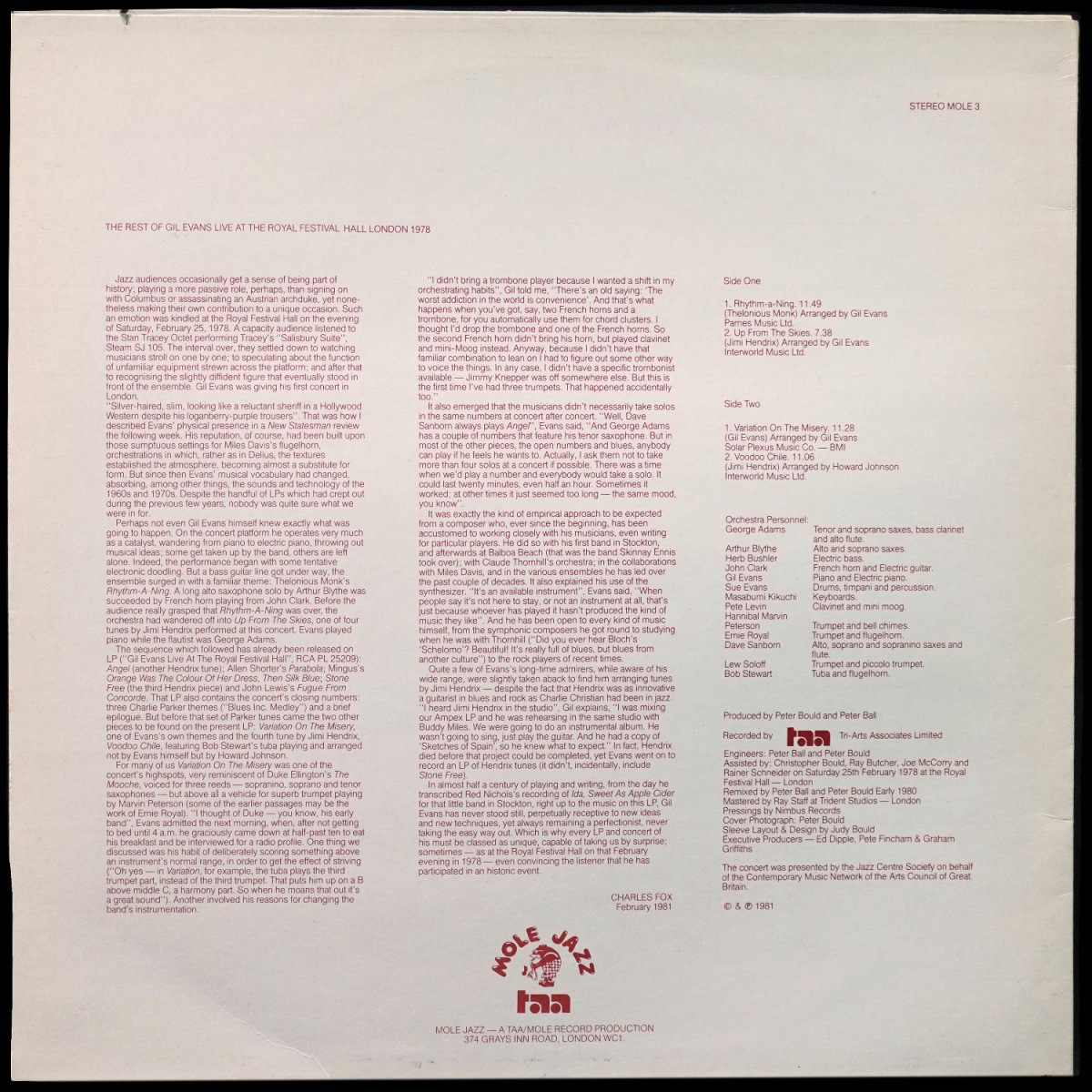 LP Gil Evans — Rest Of Gil Evans Live At The Royal Festival Hall London 1978 фото 2