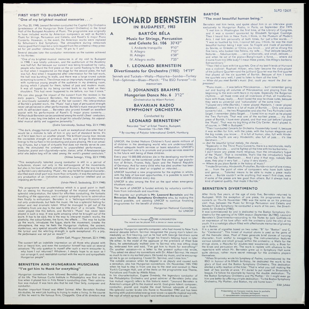 LP Leonard Bernstein — Bartok: Bernstein Budapesten '83: Zene / Divertimento фото 2