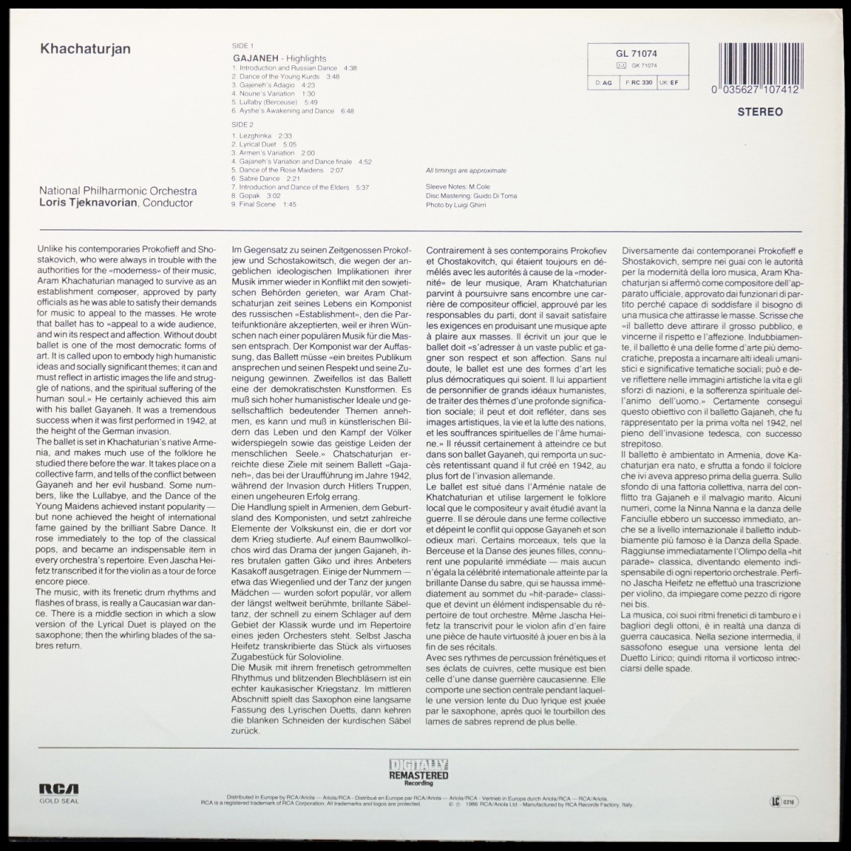 LP Loris Tjeknavorian — Khachaturjan: Sabre Dance And Other Gajaneh Highlights фото 2