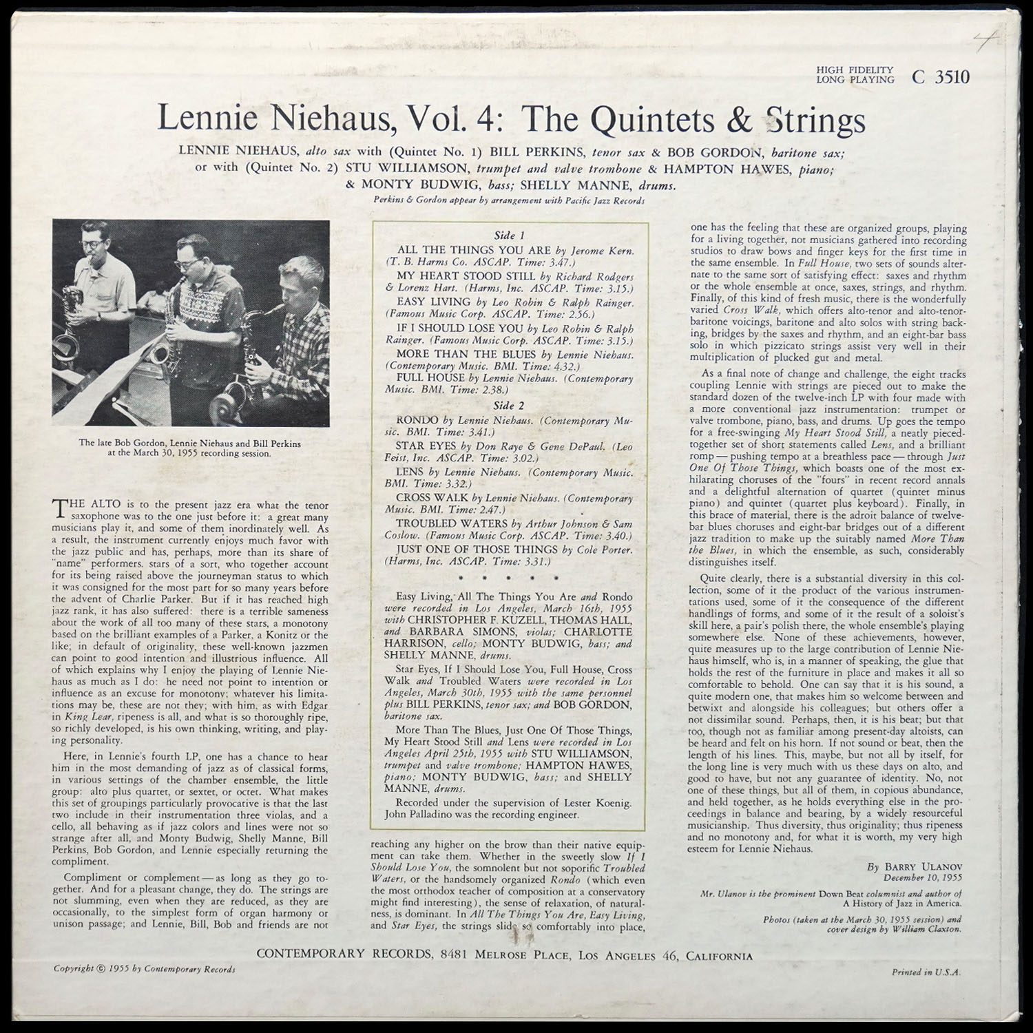 LP Lennie Niehaus — Vol. 4: The Quintets & Strings фото 2