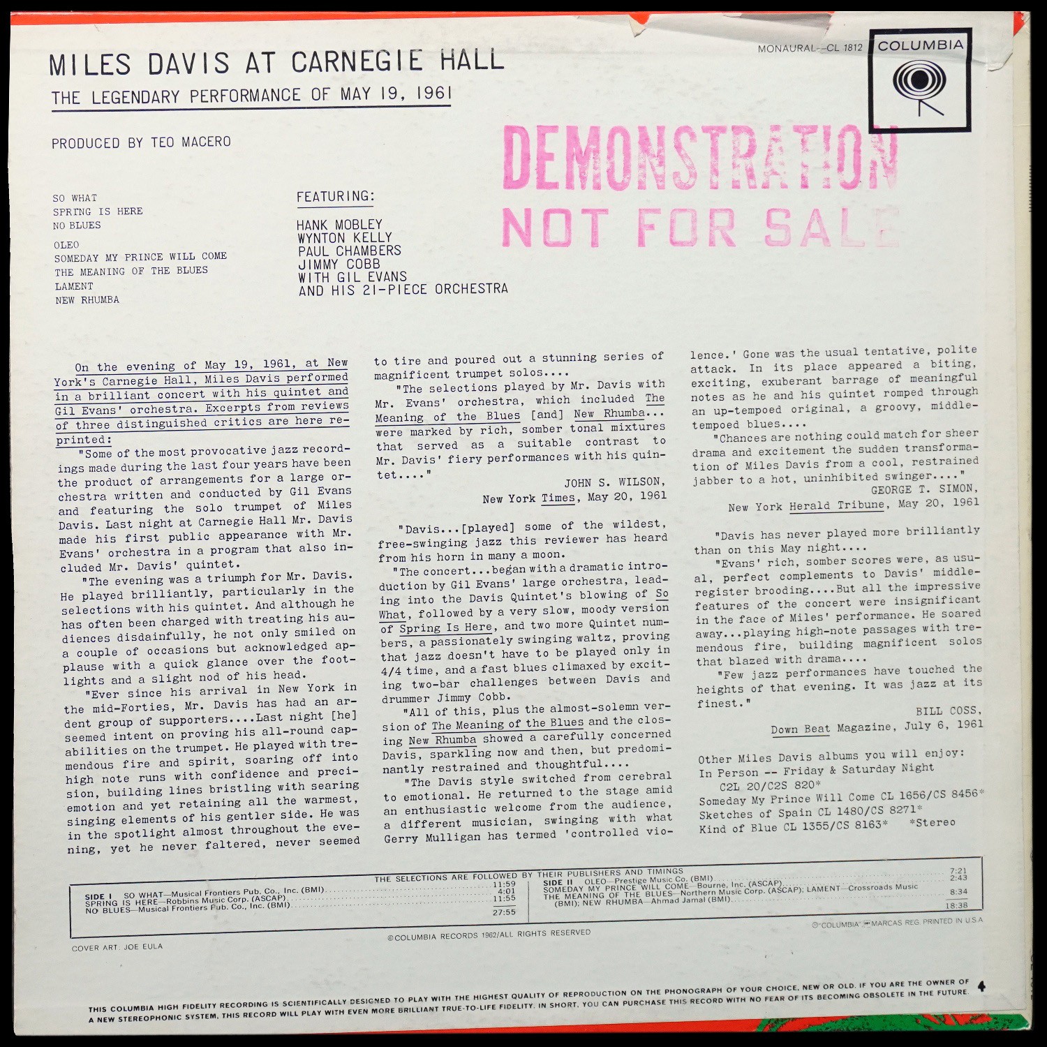 LP Miles Davis — Miles Davis At Carnegie Hall (моно) фото 2