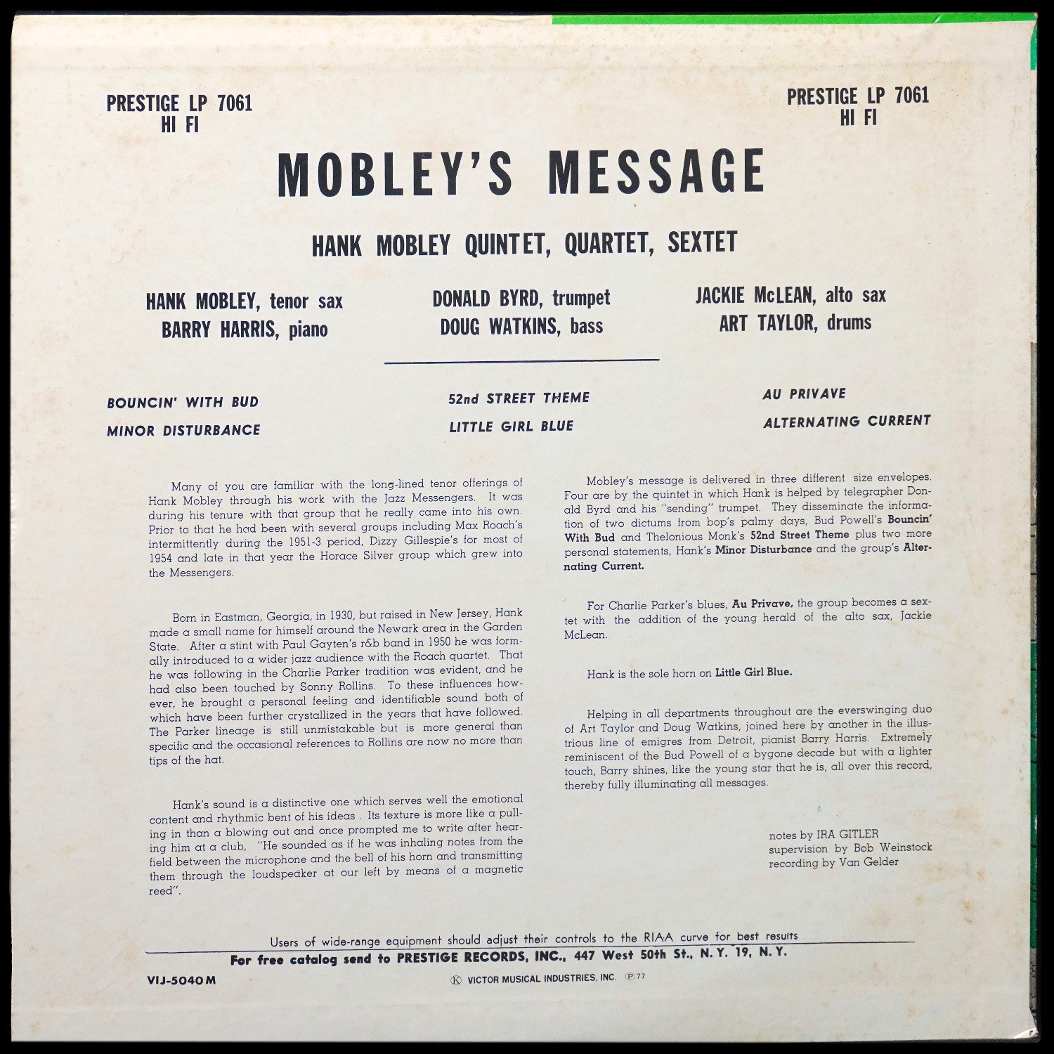 LP Hank Mobley — Mobley's Message (моно) фото 2