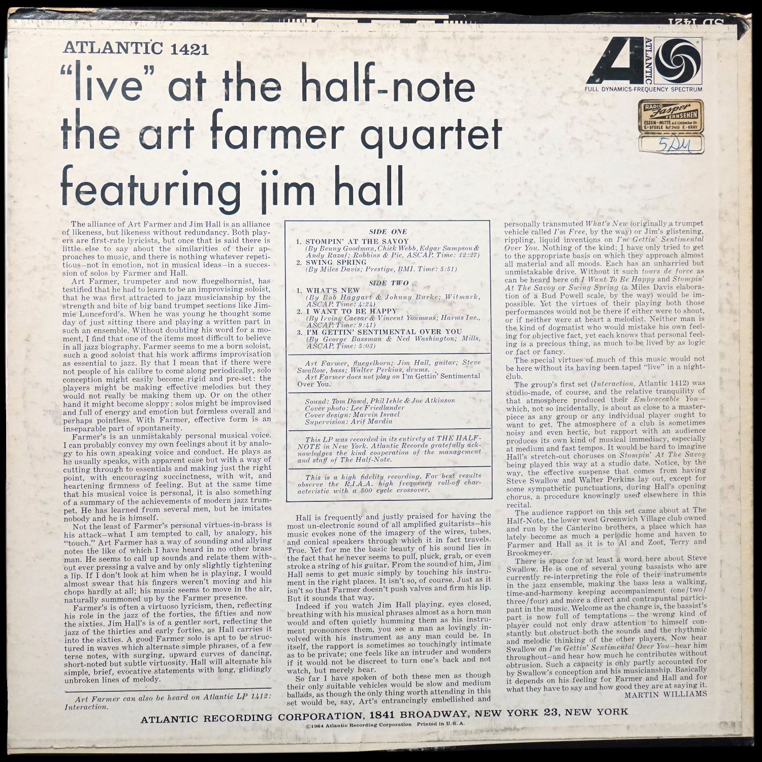 LP Art Farmer Quartet — Live At The Half-Note (моно) фото 2