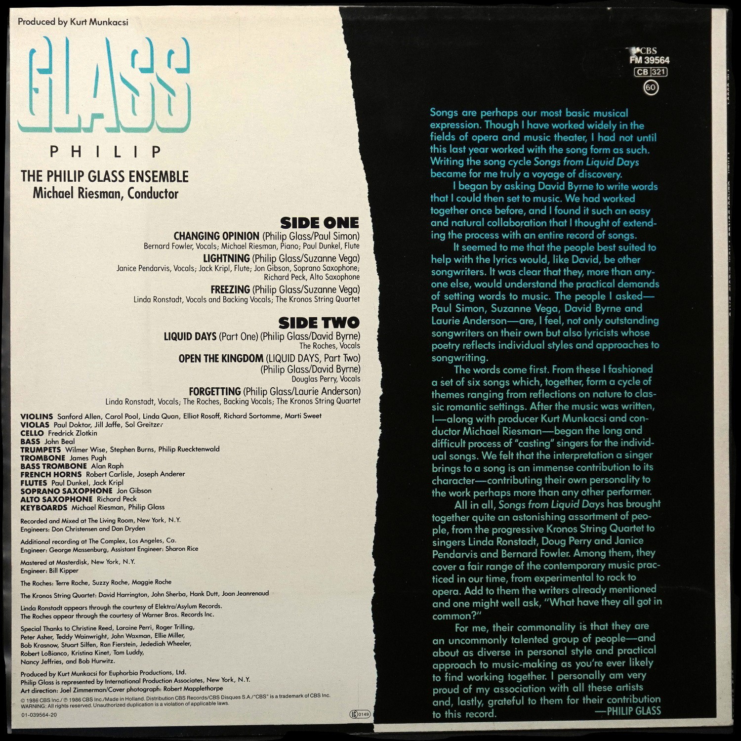 LP Philip Glass — Songs From Liquid Days фото 2