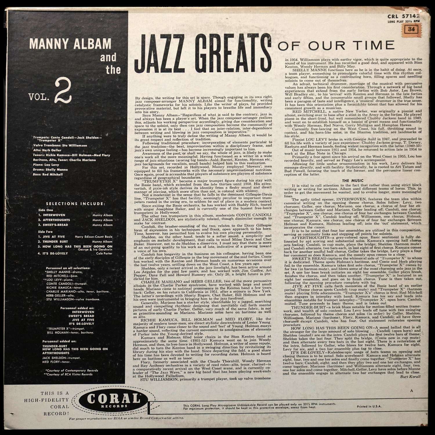 LP Manny Albam — Jazz Greats Of Our Time - Vol. 2 (моно) фото 2