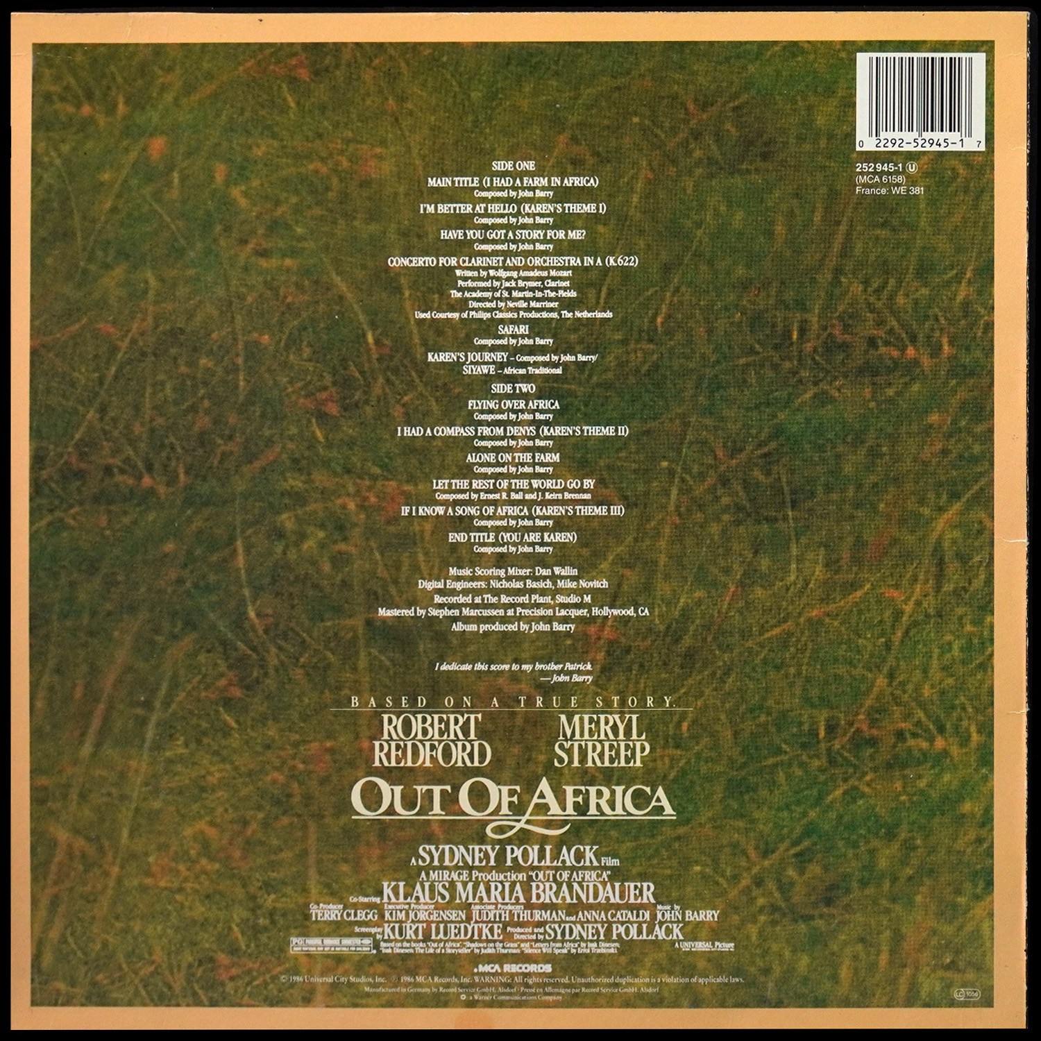 LP John Barry — Out Of Africa (Music From The Motion Picture Soundtrack) фото 2