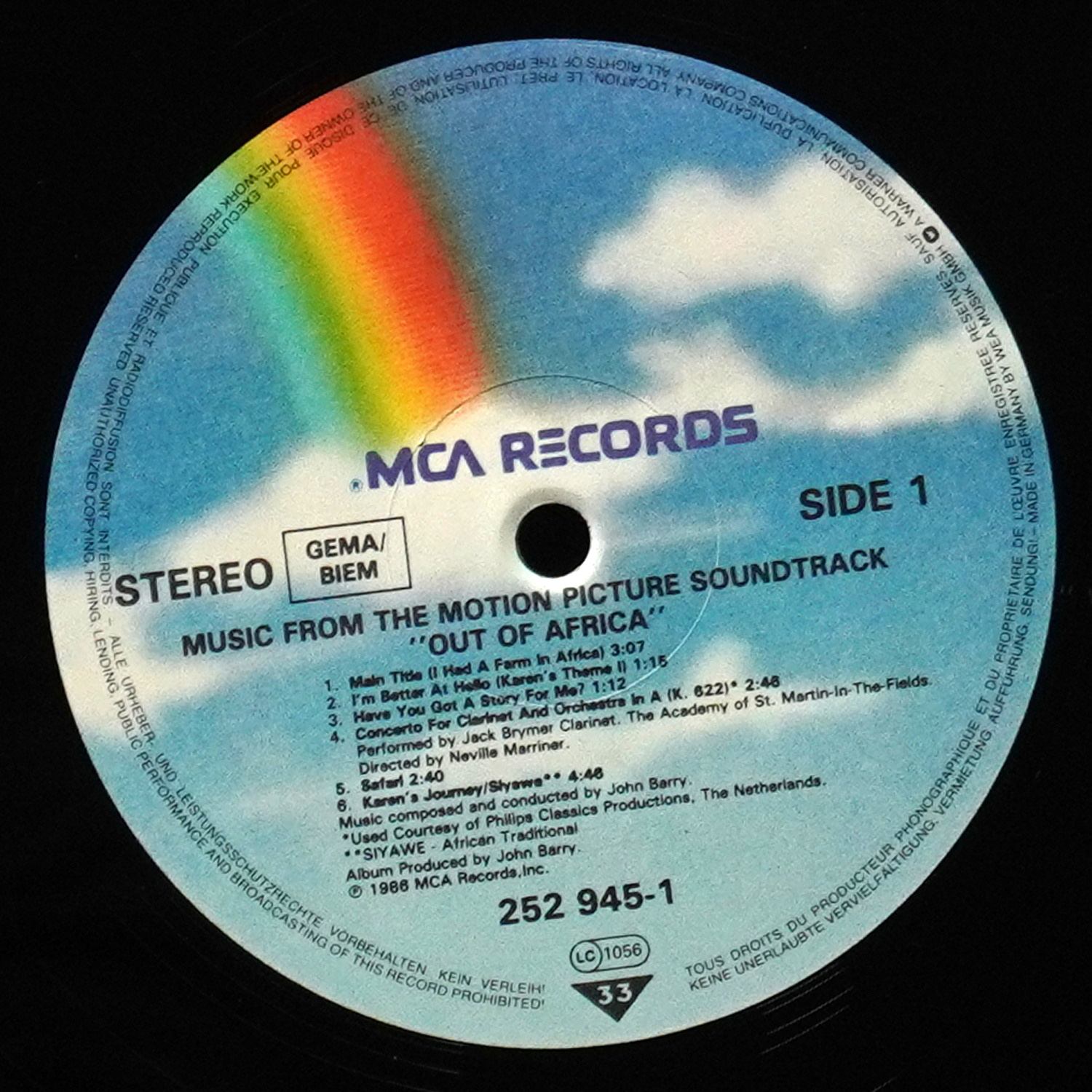 LP John Barry — Out Of Africa (Music From The Motion Picture Soundtrack) фото 3