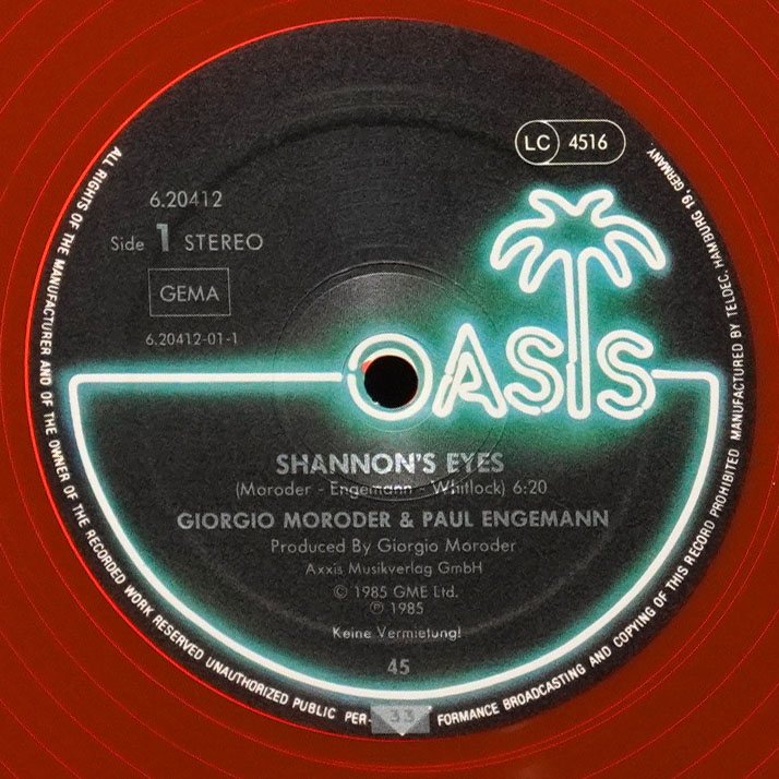 LP Giorgio Moroder — Shannon's Eyes (макси сингл, цветной винил) фото 3